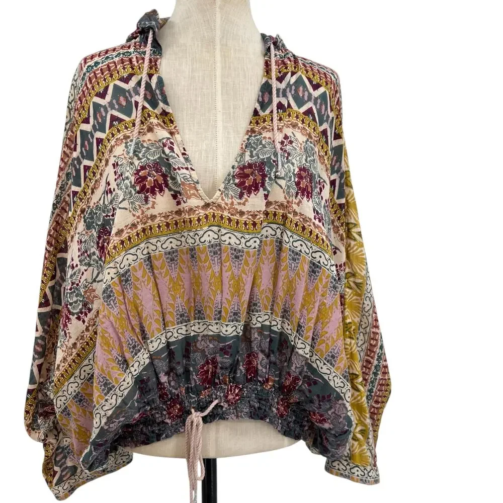 Free People Hold On Tight Gauze Pullover‎ Top Hooded Floral Paisley XS Small
